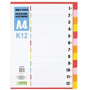 D.RECT Register voor A4, K12, 12 tabbladen, ringband, tabbladen met cijferopdruk 1-12, meerkleurig, kleurscheiders van karton