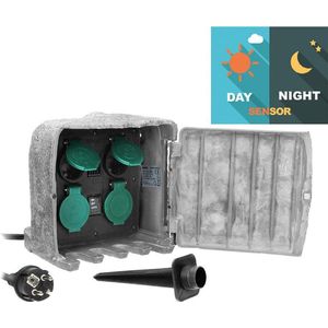 Orno - Buitenstopcontact - Grijs - 4 Stopcontacten - Aan/uit Knop - Schemersensor - IP44 - Kabellengte 3 Meter
