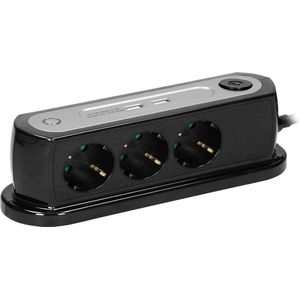 ORNO AE-13190/B Bureau-stopcontact 3 x 2P+Z met 2 x USB-oplader, kabellengte 1,4 m, zwart