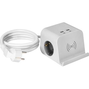 Bureau stekkerdoos met USB en draadloze oplader - Verdeelstekker met kabel - Stopcontact met splitter 2 voudig - Wit