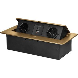 Stekkerdoos met USB - Pop up stekkerblok met 2 stopcontacten en 2 USB (USB-A & USB-C) - Inbouw Verdeelstekker met RVS afwerking - Stekkerblok zonder kabel - voor max. 3680 Watt - Penaarde - Messing