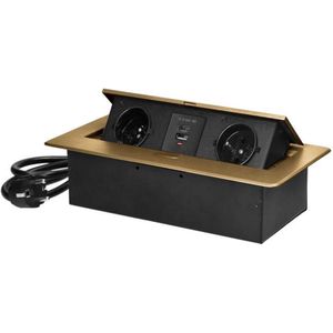 Bureau stekkerdoos met USB - Pop up stekkerblok met 2 stopcontacten, 1x USB A en 1x USB C - Inbouw Verdeelstekker met RVS afwerking - Stekkerblok met 1.5 meter kabel - voor max. 3680 Watt - Penaarde - Messing