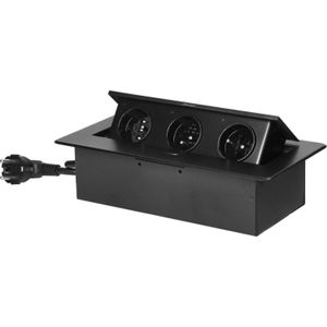 Stekkerdoos met 3 stopcontacten - Pop up stekkerblok met 1.5 meter kabel - Inbouw Verdeelstekker met RVS afwerking - Verdeelstekker 230 Volt - voor max. 3680 Watt - Penaarde - Zwart