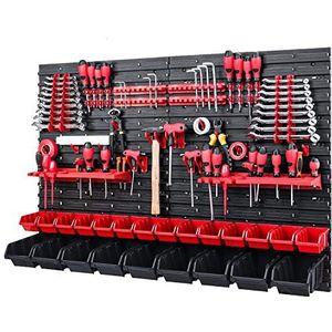 Gereedschapswand stapelboxen, 1152 x 780 mm, opbergsysteem, set met gereedschapshouders en 23 dozen, wandrek, werkplaatsrek, gatenwand, open front opbergbakken, rood/zwart