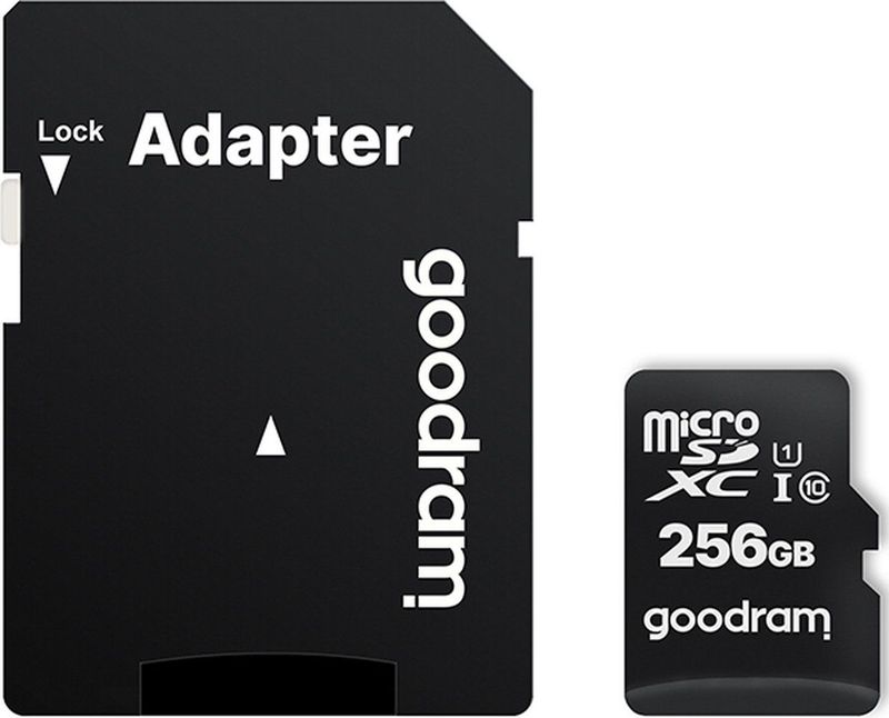 Goodram Microkaart M1AA + adapter (256 GB, microSDXC, U1, UHS-I), Geheugenkaart, Zwart