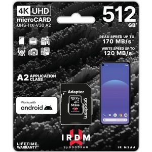 Goodram IRDM microSDXC 512GB V30 UHS-I U3 + adapter. (microSDXC, 512 GB, U3, UHS-I), Geheugenkaart, Zwart
