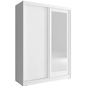 Furniture24 Zweefdeurkast Alaska 150, kledingkast, schuifdeur, slaapkamerkast met kledingstang, plank en spiegel (wit), 150/206/58 cm
