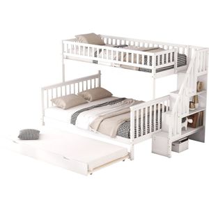 Merax 3 Persoons Stapelbed - Hoogslaper met Uitschuifbaar Bed - Kinderbed met Opbergruimte en Trap - Wit