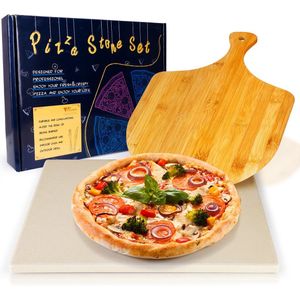 Pizzasteenset voor grill en oven, cordieriet pizzapan met recepten, 30cmx38cm , met pizzaschep 39.5cmx28.2cm