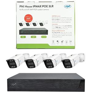 PNI House IPMAX POE 3LR videobewakingskit, NVR met 4 POE-poorten en 10 in netwerk, en 4 camera's met 3MP, buiten, Power over Ethernet, gezichtsdetectie, bewegingsdetectie, 4 kabels, voeding, muis