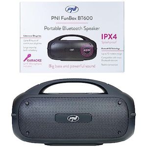 PNI Draagbare luidspreker PNI FunBox BT600, met Bluetooth, 65 W, MP3-speler, kaartlezer, USB, draadloos (8 h, Oplaadbare batterij), Bluetooth luidspreker, Zwart