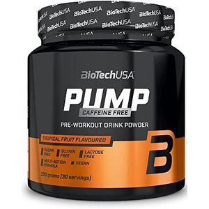 BioTechUSA Pump Caffeine Free | Energie, focus & immuunsysteem ondersteuning | 19 actieve ingrediënten | Pre-Workout drankpoeder, 330 g, Tropisch fruit