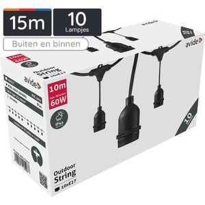 Avide Lichtsnoer 10 Meter - Buiten en Binnen - 10x E27 Fittingen - IP44 - AC85-265V - Geschikt voor Boten