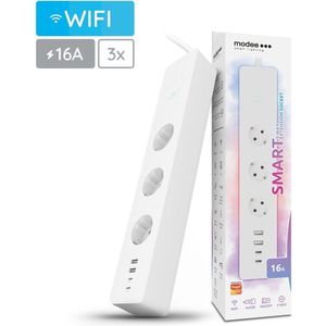 Modee Slimme Stekkerdoos 1,5m - 3 Voudig - 2x USB en 2x USB C - Energiemeter - WiFi Stopcontact - App Bediening - Tijdschakelaar - 3 Stuks