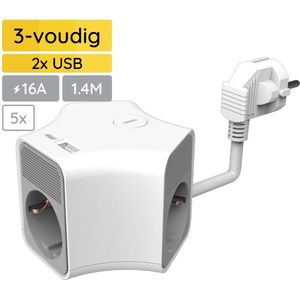 Technik - Stekkerdoos Cube - Wit - 1.4 Meter - 3-Voudig - USB C - USB A - 5 Stuks