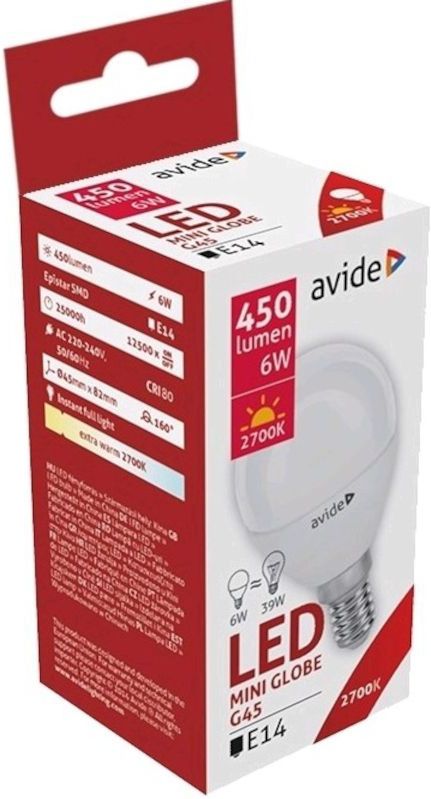 Avide LEDmini globe lamp 6W E14 fitting, 2700K extra warmwit, 550 lumen A+ warmwit Kunststof Avide Lichtbron