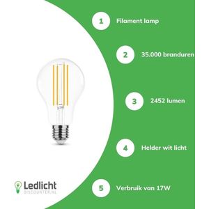 Modee E27 LED Lamp 17W - 2452lm - 4000K - Neutraal Wit - LED Filament Globe A70 - Vervangt 150W Halogeen Gloeilamp