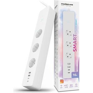 Modee Slimme Stekkerdoos 1,5m - 3 Voudig - 2x USB en 2x USB C - Energiemeter - WiFi Stopcontact - App Bediening - Tijdschakelaar
