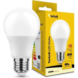 Technik E27 LED Lamp 8.8W - 806lm - 4000K - Neutraal Wit - LED Globe A60 - Vervangt 60W Halogeen Gloeilamp
