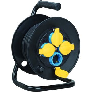 Technik Kabelhaspel 50 Meter - 4-Voudig - H07RN-F Industriele Kwaliteit - Haspel Verlengsnoer - Buiten en Binnen - 3x1.5mm - Zwart