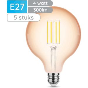 Modee E27 LED Lamp Dimbaar 4W - 300lm - 1800K - Warm Wit - LED Filament Amber Globe G125 - Vervangt 28W Halogeen Gloeilamp - 5 stuks
