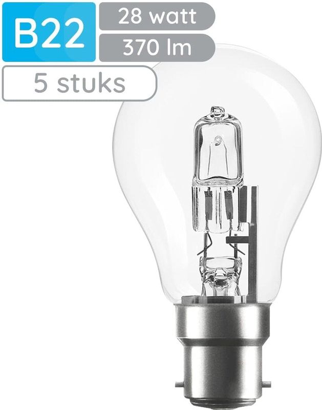 Modee B22 Halogeen Lamp Dimbaar 28W ECO - 370lm - 2700K - Warm Wit - ECO Halogeen Globe A55 - 5 stuks