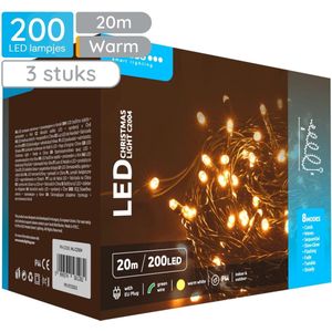 Modee Lichtsnoer Kerst 20 Meter - Kerstverlichting voor Buiten en Binnen - 200 LED Lampjes 8 Lichtstanden - IP44 - 2550K - Warm Wit Licht - 3 stuks