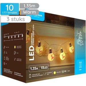 Modee Lichtsnoer Kerstballen met Rendieren 1.35 Meter - Kerstverlichting voor Binnen - Inclusief 3xAA Batterijen - 10 LED Lampjes IP20 - 2700K - Warm Wit Licht - 3 stuks
