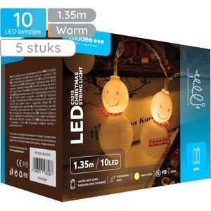 Modee Lichtsnoer Kerstballen Sneeuwmannen 1.35 Meter - Kerstverlichting voor Binnen - Inclusief 3xAA Batterijen - 10 LED Lampjes IP20 - 2700K - Warm Wit Licht - 5 stuks