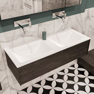 Lush onderkast 120cm in kleur DARK BROWN met 1 lade Push tot open  geschikt voor dubbele wastafel. Compleet met solid surface wastafel cloud M35165met 0 kraangat(en)