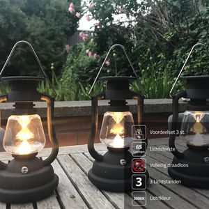 Solar tuinverlichting - Tafellamp 'OiL' - Voordeelset van 3 stuks - Zwart - Warm wit licht - Windlicht op zonne-energie