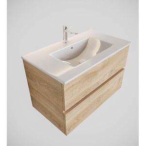 MONDIAZ VICA Badkamermeubelset - 80cm - 2 lades - wasbak Denia midden - 1 kraangat - solid surface washed oak PC75341319