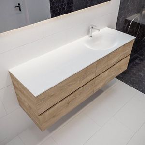 MONDIAZ VICA Badkamermeubelset - 150cm - 4 lades - wasbak Moon rechts - 1 kraangat - solid surface washed oak PC75341302