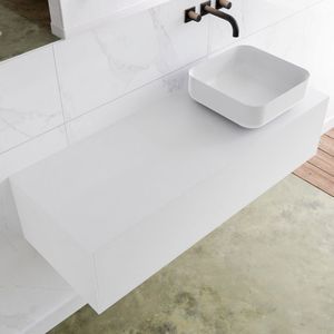 Badkamermeubelset mondiaz lagom 120 cm met topblad rechtse wastafel solid surface opzetkom binx zonder kraangaten mat wit (1 lade)