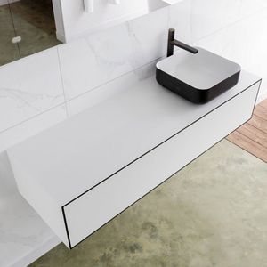 Mondiaz Lagom 140 badmeubel solid surface urban 1 lades Wastafel Binx opzetkom rechts 1 kraangat