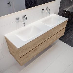 MONDIAZ VICA Badkamermeubelset - 150cm - 2 lades - wasbak Cloud dubbel - 0 kraangaten - solid surface washed oak PC75341263