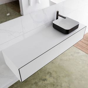 Mondiaz Lagom 150 badmeubel solid surface urban 2 lades Wastafel Binx opzetkom rechts 1 kraangat