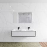 Mondiaz Lagom 130 badmeubel solid surface urban 1 lade Wastafel Cloud dubbel 1 kraangaten