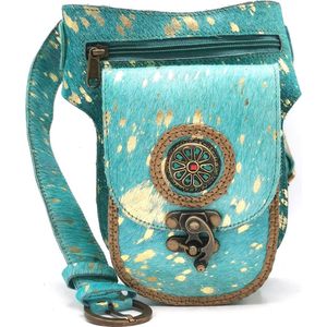 Koeienhuid heuptas met vintage haakje Turquoise-Goud - Ibiza - (B x H x D) ca. 14 cm x 18 cm x 5 cm