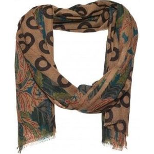 Sjaal bruin en groen - 85% wol / 15% zijde - cirkel en bloem print