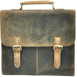 Vintage Schooltas Buffelleer - 818B - Leren tas - 36,5cm x 33cm x 7cm - Werktas met meerdere vakken - Geschikt voor tablet