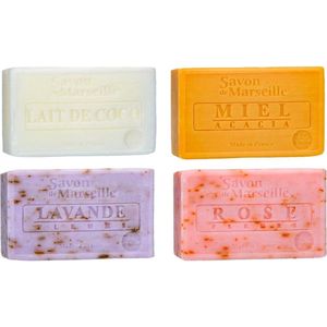 Set Marseille zeep 4 x 100 gram in geuren kokosmelk-honing-lavendel-roos - Franse handzeep - Marseillezeep