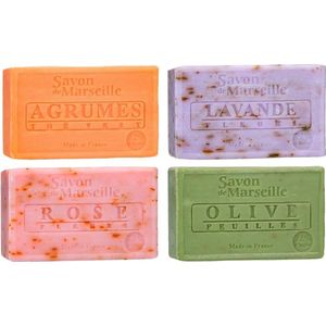 Set Marseille zeep 4 x 100 gram in geuren citrus-lavendel-rozen-olijven
