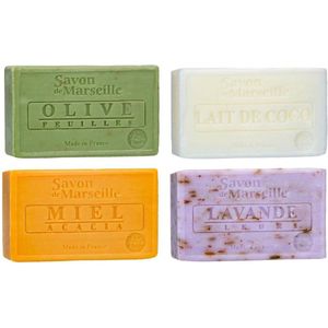 Set Marseille zeep 4 x 100 gram in geuren olijven-kokosmelk-honing-lavendel Le Chatelard 1802 - Franse handzeep