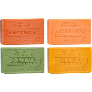 Set Marseille zeep 4 x 100 gram in geuren sandalwood-citrus-olijven-honing - Franse handzeep - Marseillezeep