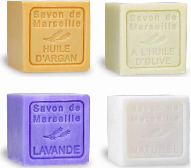 Set Marseille zeep 4x300 gram Arganolie-Olijf-Lavendel-Naturel - Marseillezeep - Franse handzeep