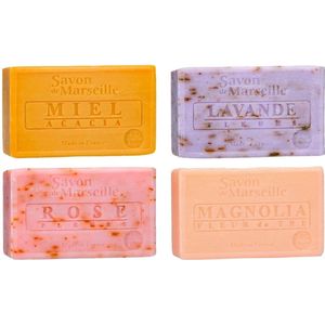 Set Marseille zeep 4x100 gram in geuren honing-lavendel-rozen-magnolia