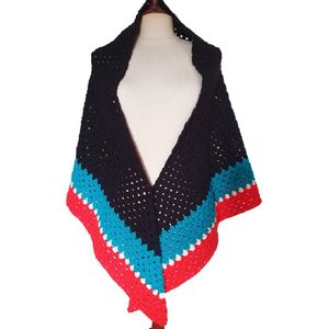 Handgemaakte Omslagdoek - Sjaal - Stola - Poncho - Cape - Gehaakt - Wolblend - Blauw - Wit - Rood