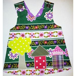 Toetie & Zo Handgemaakt Jurkje Huisjes - Schort - maat 68/74 - Schortjurkje - Overgooier- Groen