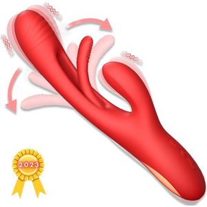 3 in 1 Rabbit Finger Patting Vibrator - Clitoris en G-Spot Stimulatie - Intense/Stotende 21 Standen - Siliconen Sex Toy voor Vrouwen - Dildo - 24cm x 3.8cm - Rood